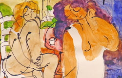 2 Women on the Patio - II　9.75" x 13.75"　Gouache/watercolor/ink on paper　