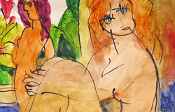 2 Women on the Patio - III　9.75" x 13.75"　Gouache/watercolor/ink on paper　