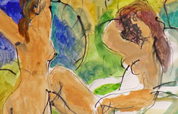 2 Women on the Patio - IV　9.75" x 13.75"　Gouache/watercolor/ink on paper　