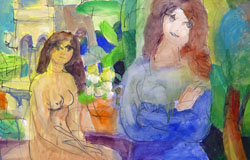 2 Women on Patio　22" x 30"　Gouache/watercolor/ink on paper　