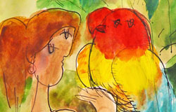 Birdie Girl　11"x9"　Gouache/watercolor/inkonpaper　
