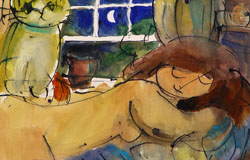 Summer Evening bt the Window　12.25"x16"　Gouache/watercolor/inkonpaper　
