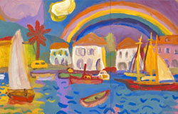 Harbor with a rainbow　30 x 80 in.　Acrylics on Canvas　