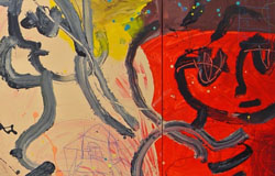 Tea Time with Invited Little Bird　24 x 74 in.　mixed medium on canvas　