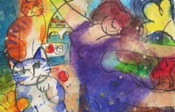 Morning Dancing with Double Tabbies　24x36in.　mixedmediumonhand-madepaper　