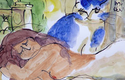 Nap on the Patio　12x16in.　watercolor+ink　