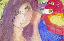 Woman with Bird　16x12in.　ink+watercolor　