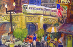 Down Town　22" x 30"　Gouache / watercolor /ink on paper　