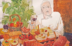 in a Classical Bistro　14 x 17 in.　watercolor + pencil on paper　