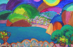 Patio with a view of Amalfi Coast　48- x 48 in.　Acrylics on Canvas　